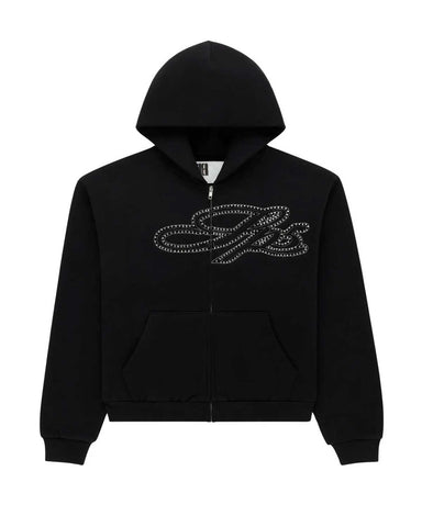 Sp5der Rhinestone Script Zip Up Hoodie Black