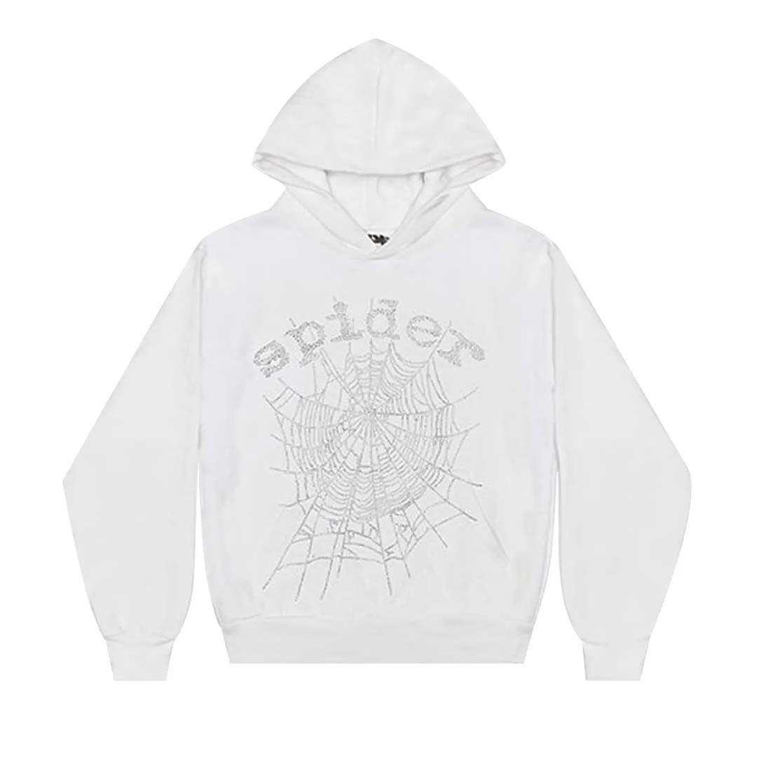 Sp5der OG White Web Rhinestone Hoodie